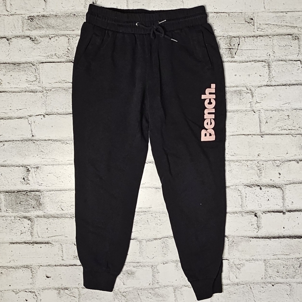 Bench Womens Black Fleece Jogger Sweatpants Pink Logo Athleisure Size Small